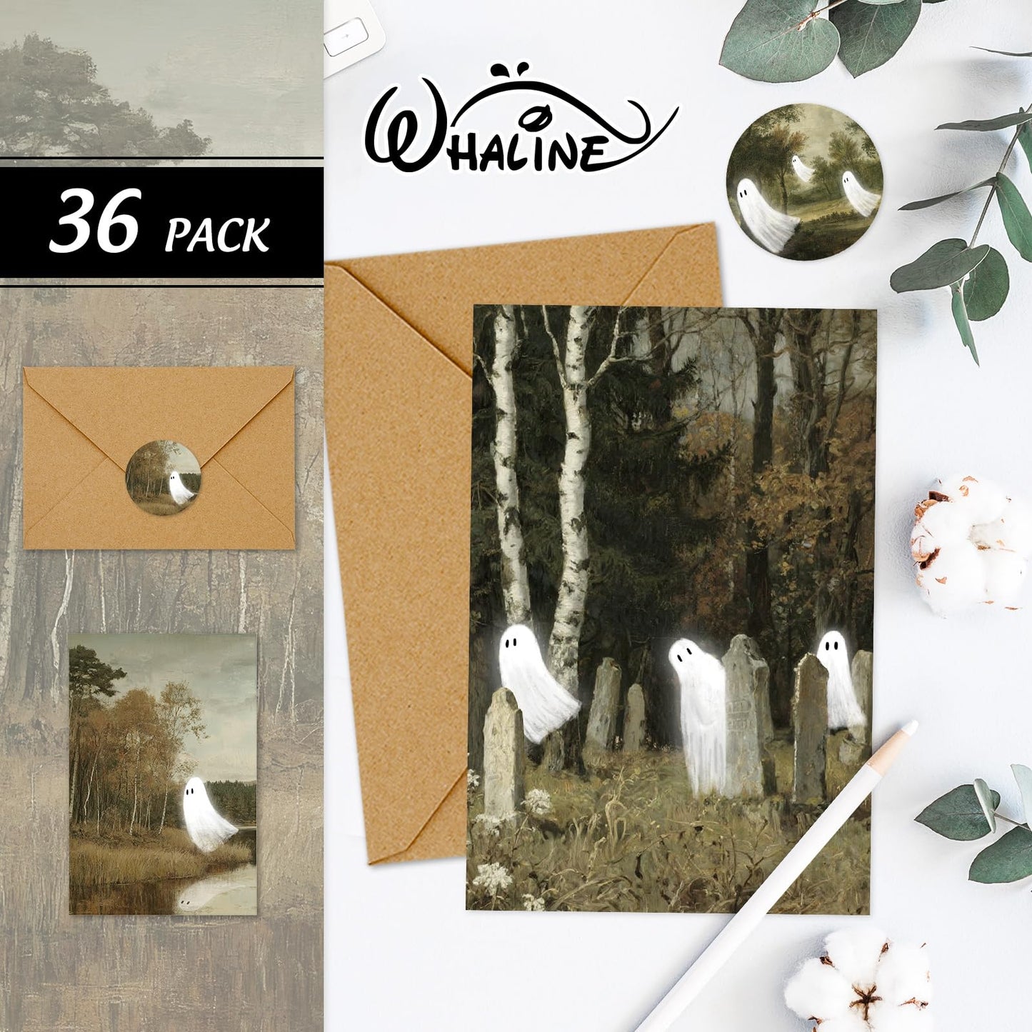Whaline 36 Pack Halloween Cards Cute Ghost in Nature Greeting Cards with Envelopes Stickers Glue Stick Blank Note Card for Party Invitations, 4 x 6 Inch