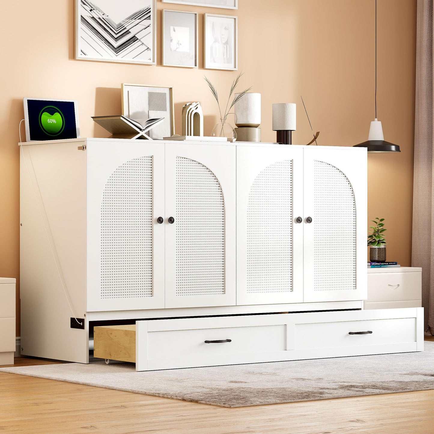 Ball & Cast Murphy Bed Queen Size Bedroom Folding Wall Cabinets Frame with Large Drawer and USB Ports,Hideaway Bed w/Tri-Fold Mattress Design,for Guest Room,Study,Office,White