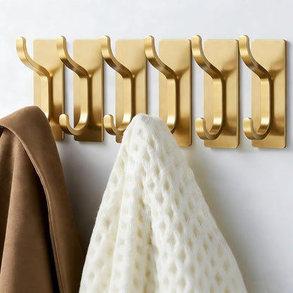 Pickpiff Adhesive Wall Coat Hooks - Heavy-Duty Stick-On Metal Hangers for Towels, Bags & Clothes - Gold, 6 Pack