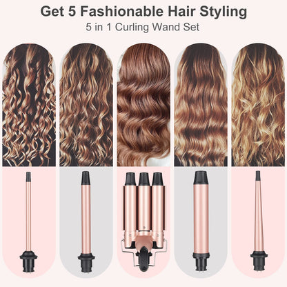 Wand Curling Iron Hair Crimper, Emocci Pro Large 3 Barrel (0.35"-1.25" Ceramic Barrel) Hair Crimper for Women Beach Waves Instant Heat Hair Waver Set for Long Hair Curlers 5-in-1 Curling Wand Set