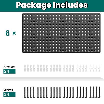 EVERHANGER Metal Pegboard Panels 24" x 12", Heavy Duty Steel Peg Boards for Garage, Pegboard Wall Organizer for Tool Storage and Organization, Black, 6 Pack