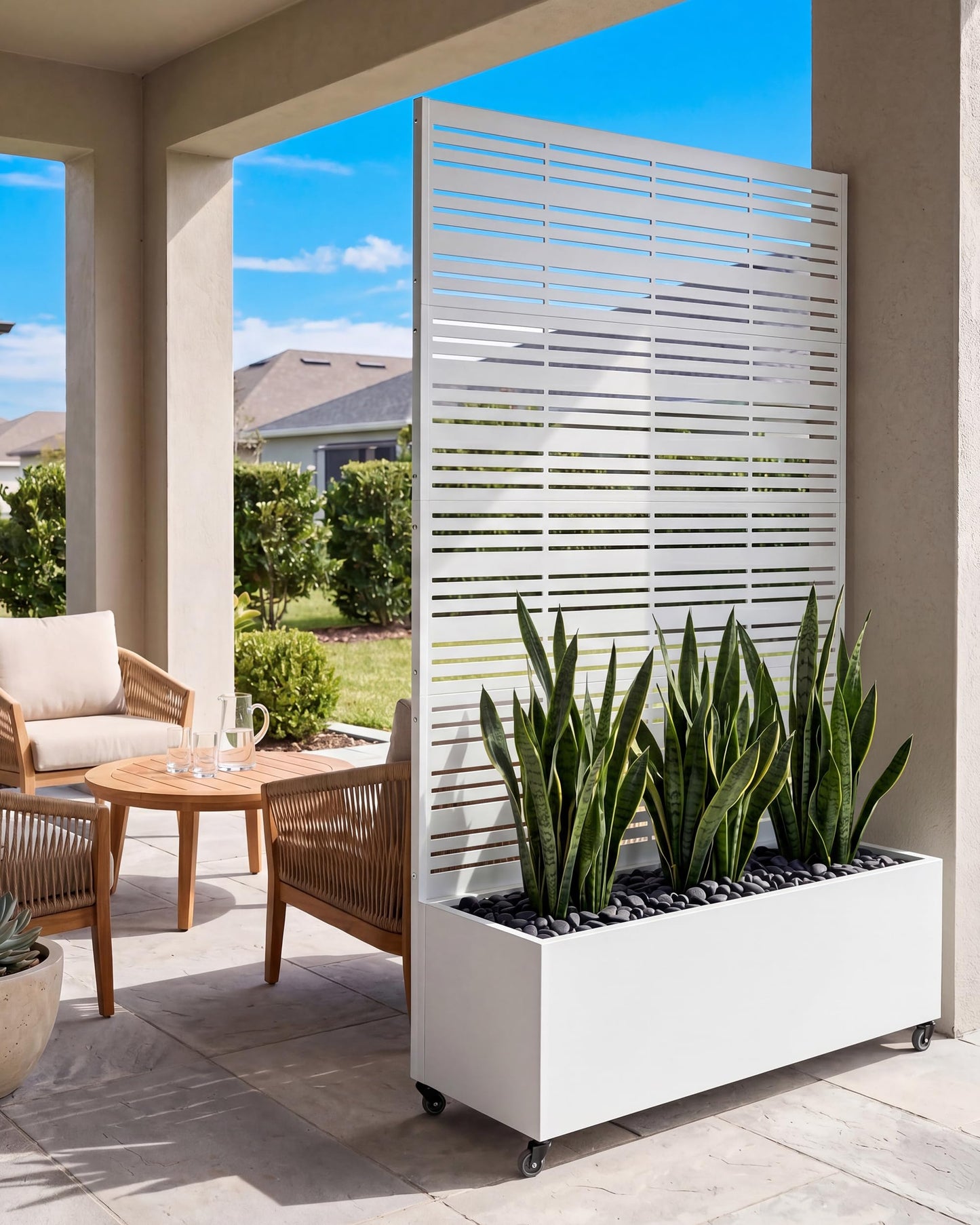 TinFrey Metal Raised Garden Bed with Trellis, 73"×47"×16" Louvered Privacy Screen Planter Box on Wheels with Drainage Holes, Easy Assembly Outdoor Planter for Patio, Deck, Balcony, Backyard - White