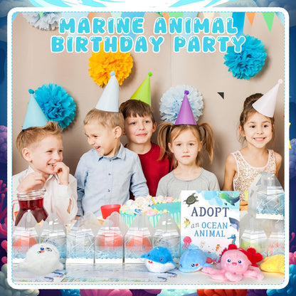 86 Pcs Adopt an Ocean Animal Party Favors Includes 12 Plush Sea Animals 12 Clear Favor Boxes 12 Adoption Cards 1 Adoption Sign Blue Raffia 48 Artificial Water Plants for Kids Sea Animal Adopt Party