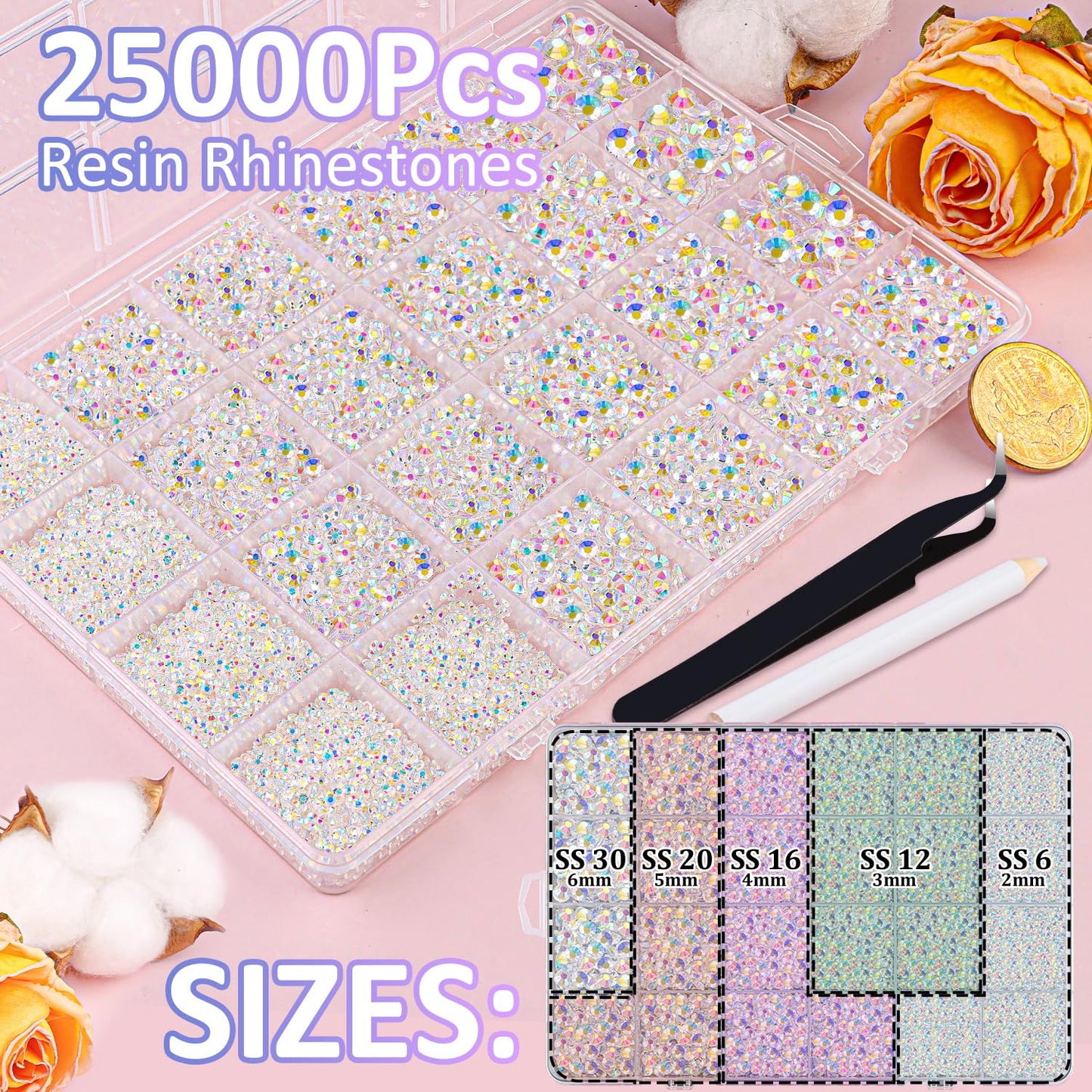 25000Pcs Resin Rhinestones for Crafting, Transparent AB 2-6mm Mixed Sizes Non Hotfix Flatback Gems with 1Pcs Glue, Bedazzling Crystal for DIY Craft Clothing Mugs Tumblers Shoes Fabric Decor Nail Art