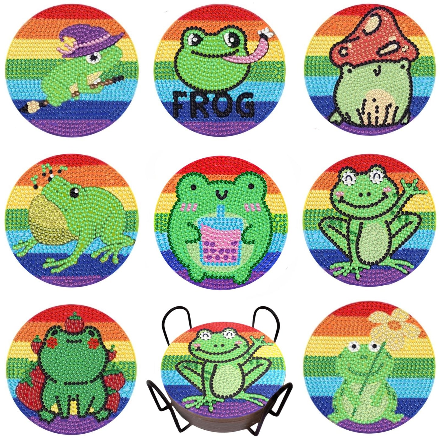 Bulerrylulu 8 Pcs Diamond Painting Coasters Kits with Holder,Diamond Art Coasters Set for Drinks Coffee Table, Gem Painting kit for Beginners Adults DIY Art Craft Gifts Home Decors (8pcs Frog)