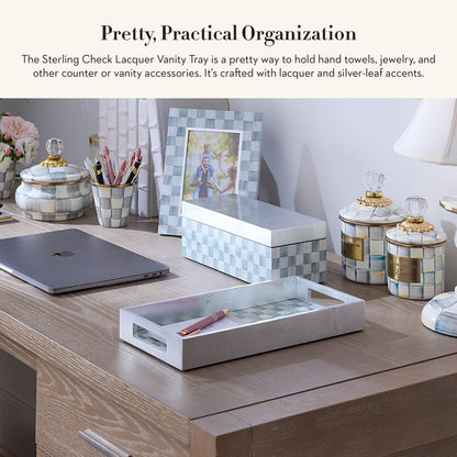 MACKENZIE-CHILDS Lacquer Vanity Tray with Handles, Rectangular Tray for Dresser and Home Decor, Gray-and-White Sterling Check