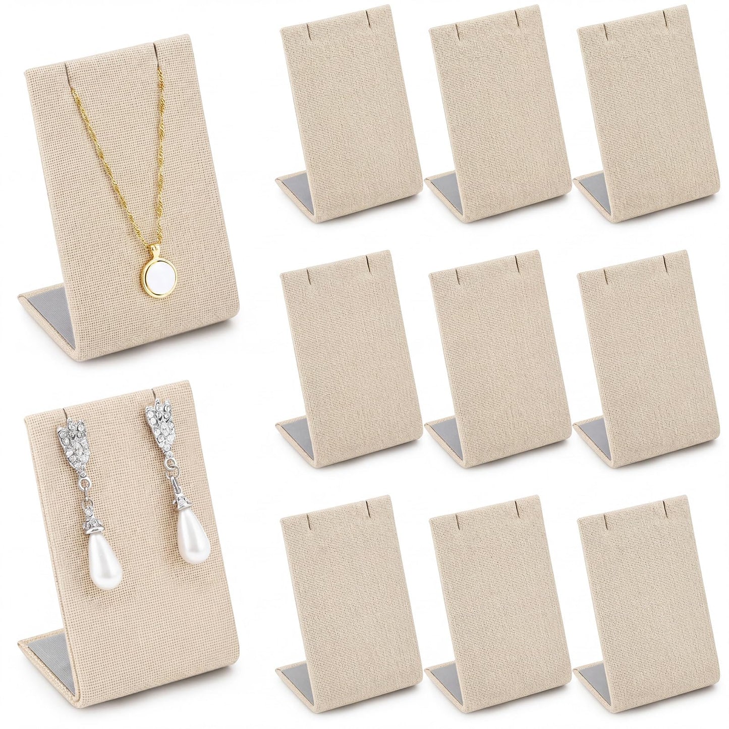 RattanView 12 Pieces Linen Earring Display Stand Necklace Pendant Jewelry Stand Showcase Organizer Display Holder for Earring Pendant Accessory Rack(Linen Color,Straight Style)