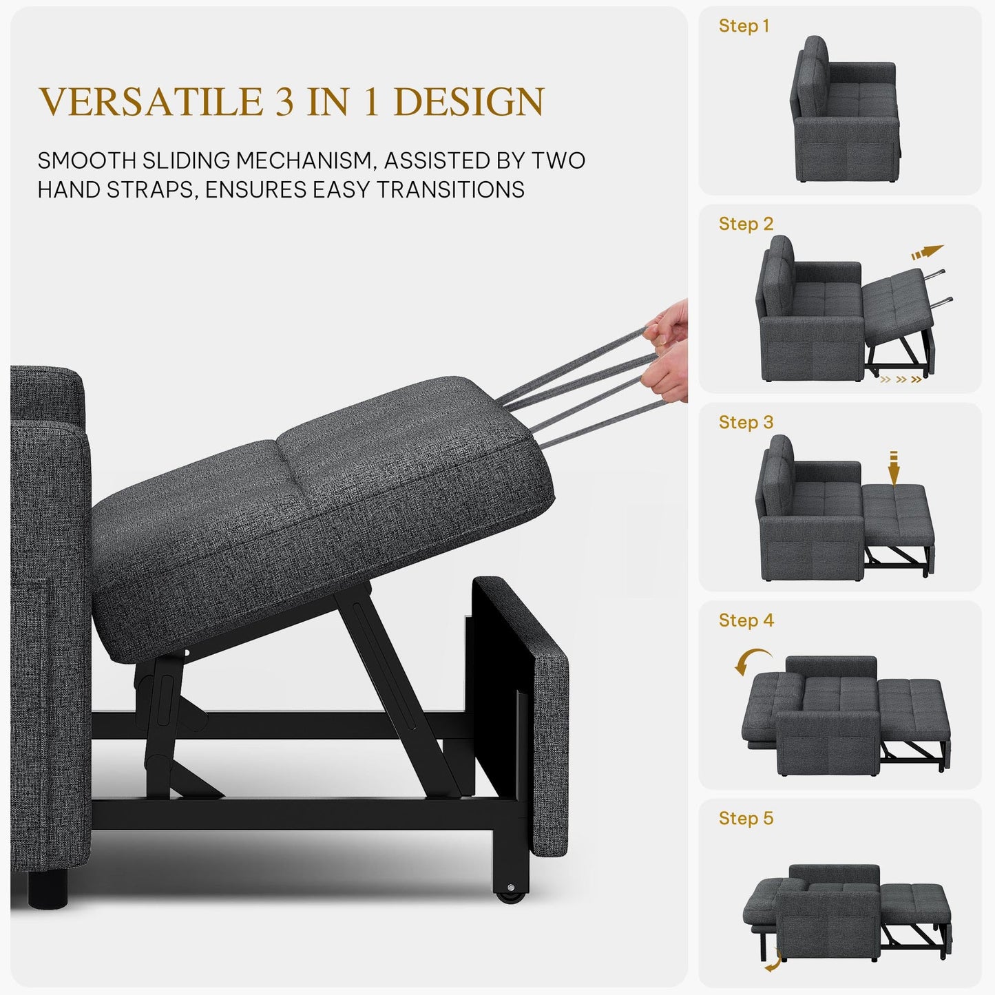 YITAHOME 55" Convertible Sofa Bed, 3-in-1 Sleeper Sofa with Iron Frame Pull-Out Bed, Linen Futon Couch with Reclining Backrest and Side Pocket, Modern Loveseat for Living Room Bedroom Apartment, Grey