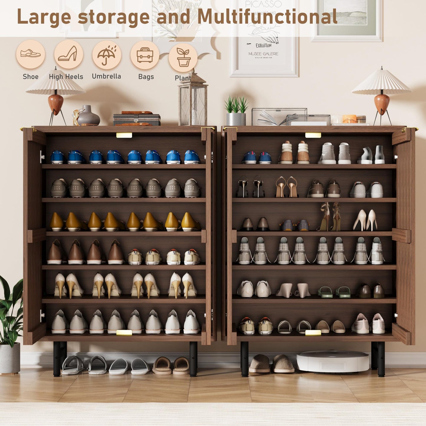 MilleLoom 6-Tier Shoe Cabinet with Doors, Wooden Shoe Storage Cabinet Organizer, Louvered Doors, Freestanding Narrow Entryway & Hallway Shoe Rack, Holds 24 Pairs, Dark Walnut