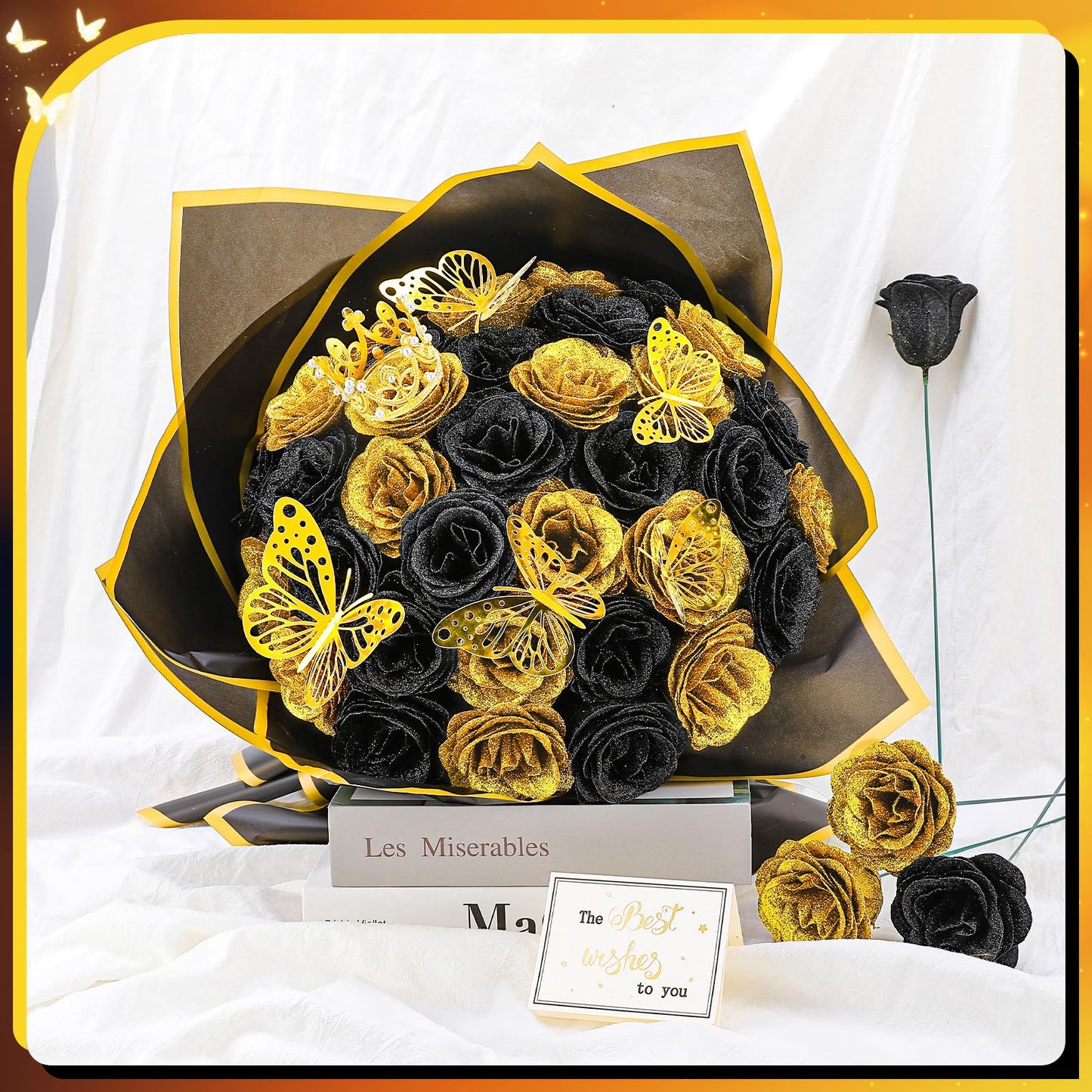 Ovveroche 36 PCS Glitter Roses Bouquet Kit, Black, Gold Sparkling Flower Arrangement with Stems, Butterflies, Crown, Wrapping Paper, Card, Ribbon for Wedding, Graduate, Birthday, DIY Crafts