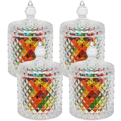 Hedume 4 Pack Crystal Diamond Faceted Jar with Crystal Lid, Glass Food Storage Organization Set Suitable as Candy Dish, Cookie Tin, Decorative Sugar Bowl (Diameter 3.3 Inch)