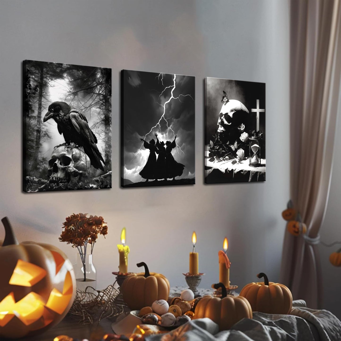 Framed Dark Gothic Canvas Wall Art Set of 3, Creepy Witchy Halloween Wall Decor Paintings, Crow and Skull Goth Aesthetic Posters Prints for Living Room Bedroom Bathroom Home Decor 12x16In