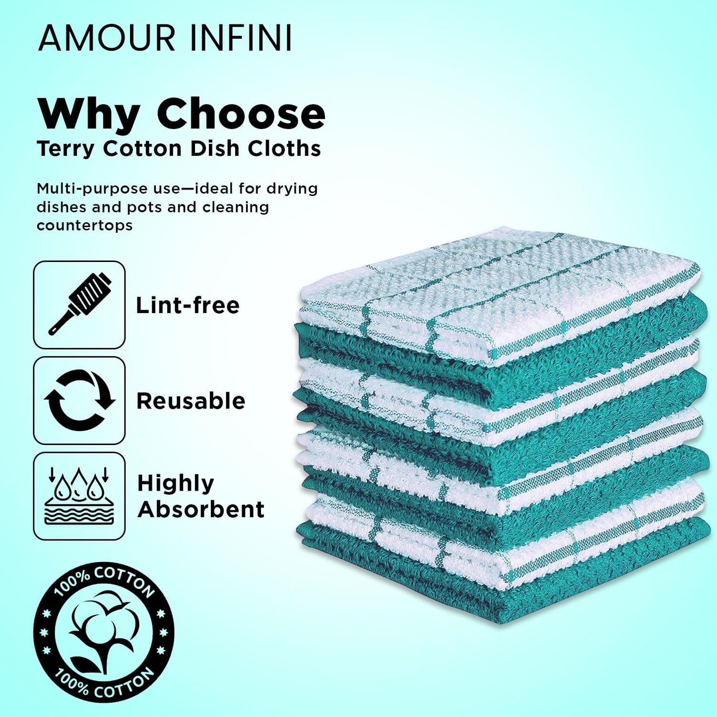 AMOUR INFINI Cotton Kitchen Dish Cloths Set of 8 - Highly Absorbent, Soft Terry Cleaning Cloths (Turquoise)