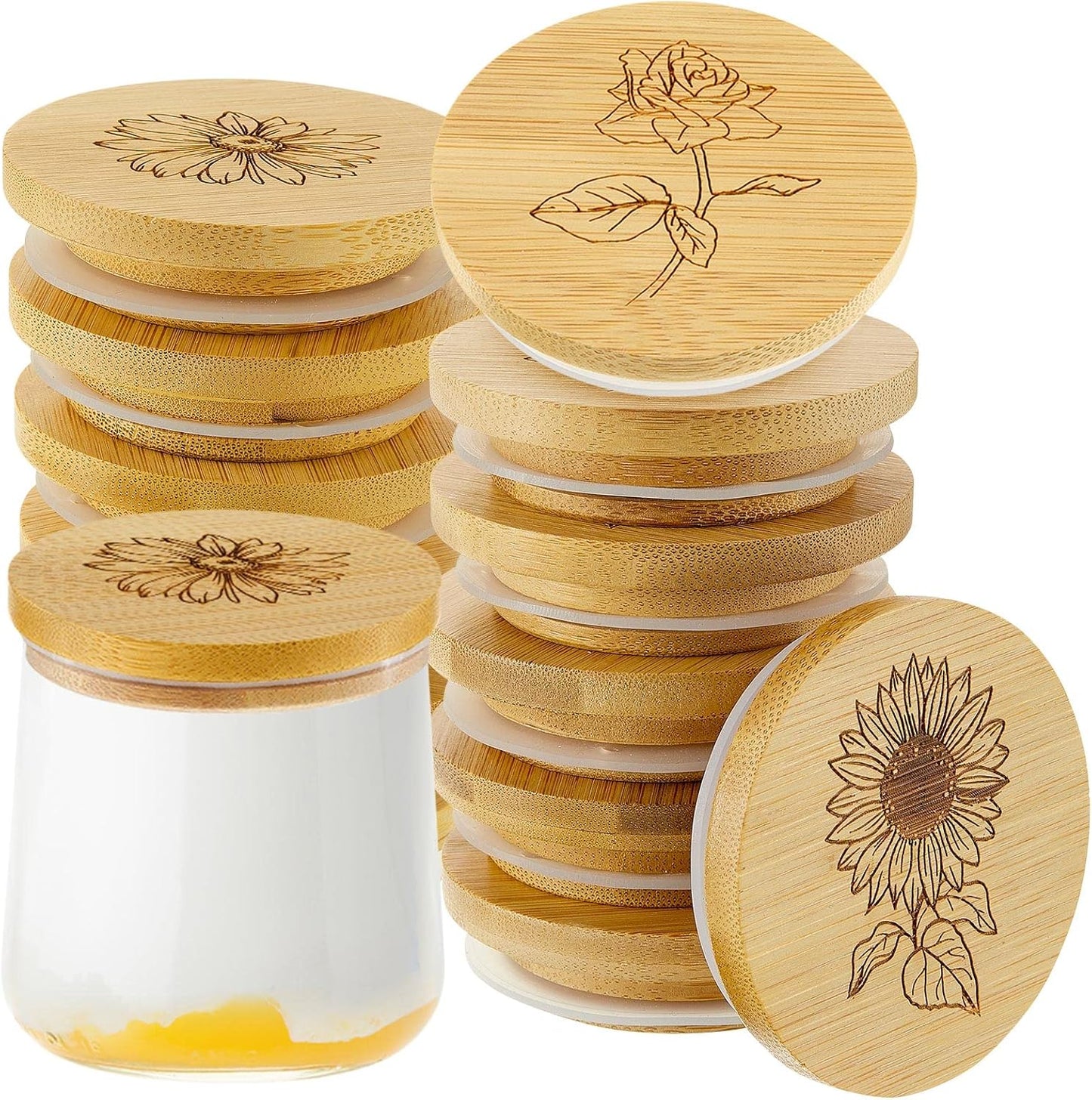 12 Set Gueevin Pieces Yogurt Jar Lids Bulk Bamboo Wooden Lids Compatible with Oui Yogurt Jars Round Reusable