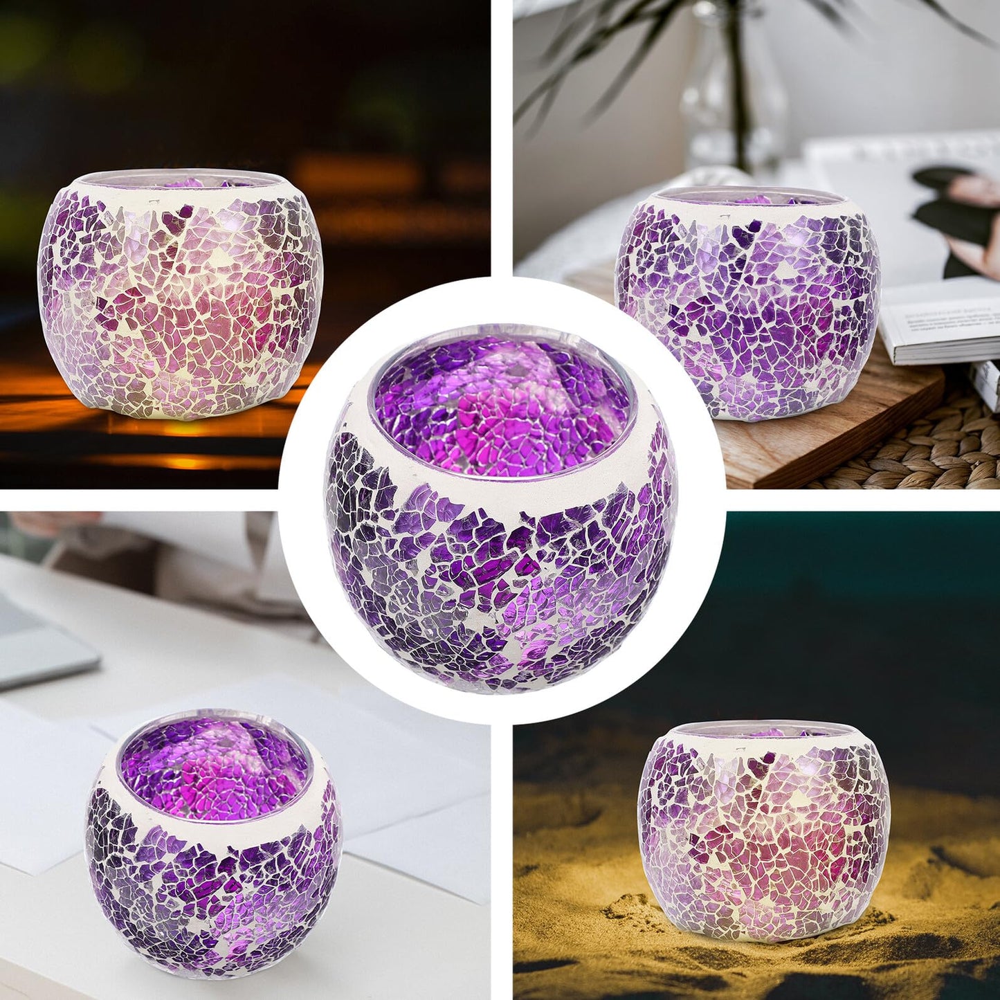 GANAZONO European Style Mosaic Glass Candleholder, Purple Tealight Candlestick for Romantic Dinner Table Decor, Home Ornament and Restaurant Centerpiece