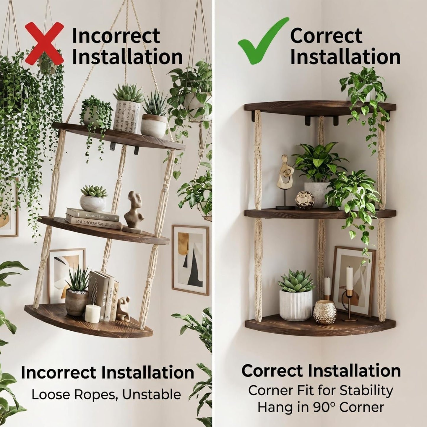 3-Tier REFGY Corner Floating Shelves with Aesthetic Greenery & Fairy Lights - Premium Wood-Textured Boho Wall Hanging