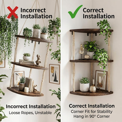 3-Tier REFGY Corner Floating Shelves with Aesthetic Greenery & Fairy Lights - Premium Wood-Textured Boho Wall Hanging