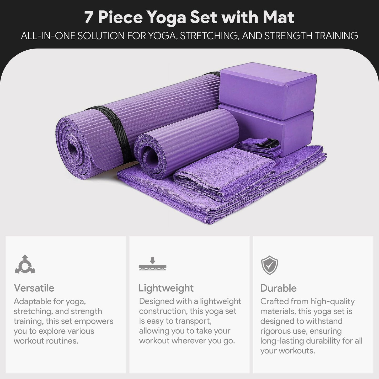 BalanceFrom GoYoga 7-Piece Set - Include Yoga Mat with Carrying Strap, 2 Yoga Blocks, Hand Towel and Knee Pad (Purple, 1/2"-Thick Mat)
