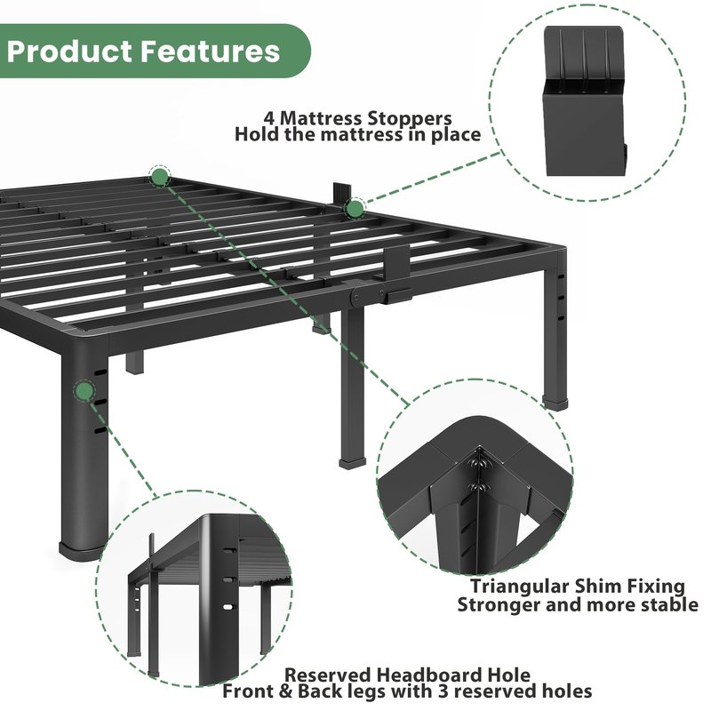 NKZ 14 Inch Queen Bed Frame, Sturdy Metal Platform with Round Corner Legs, 3,500 lbs Heavy Duty Steel Slat Support, Easy Assembly, Noise Free, No Box Spring Needed