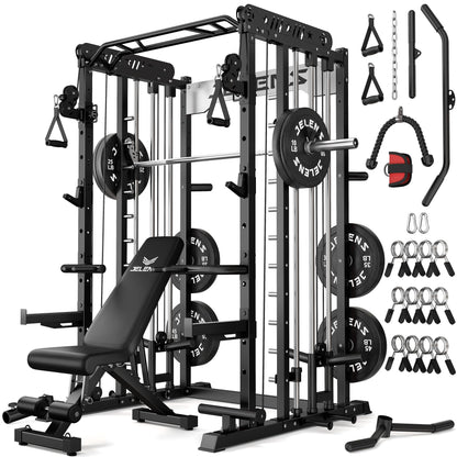 JELENS Smith Machine for Home Gym, Multi-Function M12 Power Cage, Squat Rack with Smith Bar and More Attachment (Black, 230LB Black Weights Package)