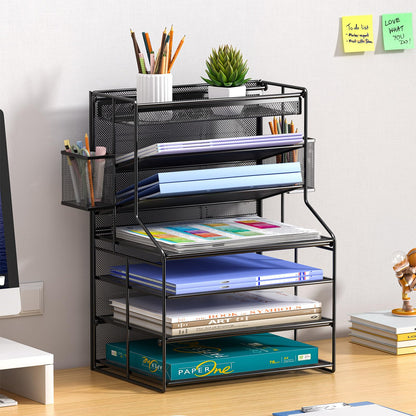handimp Black 7 Tier Desk File Organizer, Metal Letter Tray Paper Organizer with Pen Holder and Metal Hanging Basket, Vertical Desktop File Holder for Home Office Organization
