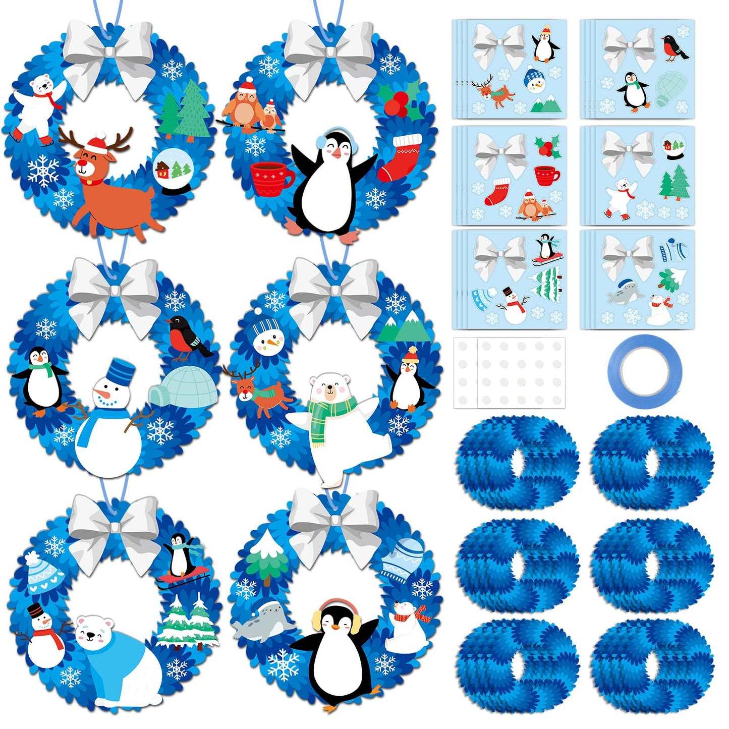 24 Sets Winter Crafts for kids DIY Christmas Wreath Ornaments Decorations Winter Classroom Hanging Ornaments Penguin Snowman Stickers Paper Arts and Crafts for Kids Holiday Home Classroom Activities