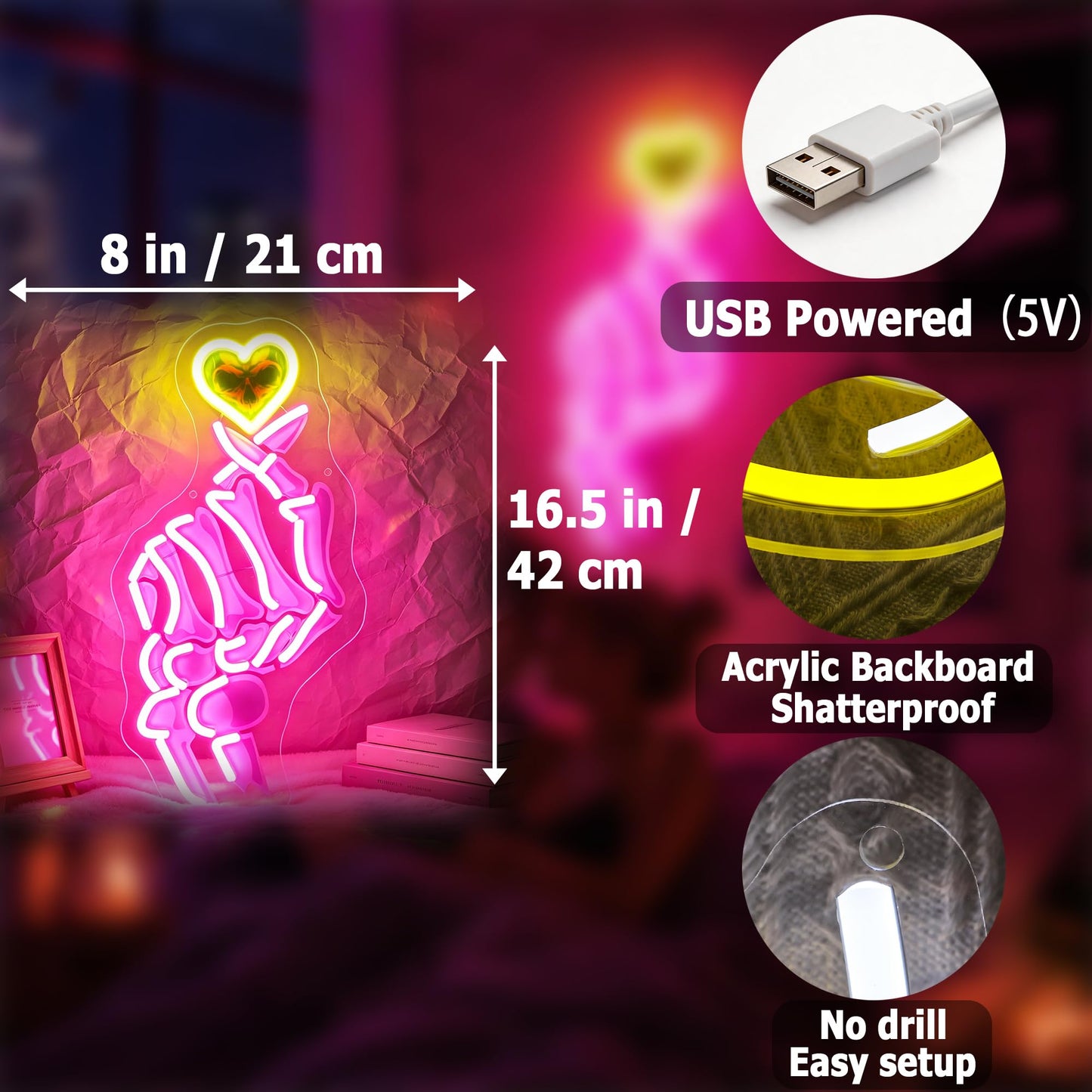 HSJNJKFU Pink & Yellow Neon Sign for Wall Decor Led Light Sign Neon Light for Room Party Home Wall Decor USB Powered - Skeleton Finger Heart