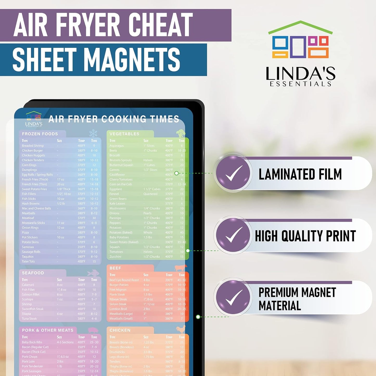 Air Fryer Cheat Sheet Magnets - Must Have Air Fryer Accessories Air Fryer Cookbook for Beginners Cooking Guide - Cooking Time Cheat Sheet - Magnetic Quick Reference (3 Pack)
