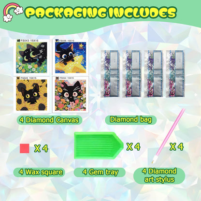 ICYANART 4 Pack Cat Diamond Art Kits for Kids Cute Diamond Art Painting for Kids Ages 6-8-12 Gem Art for Gifts and Home Wall Decor 7x7inch