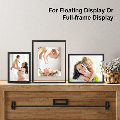 Egofine 8x10 Floating Frames Set of 2, Double Plexiglass Picture Frame, Made of Solid Wood Display Any Size Photo up to 8x10, Wall Mount or Tabletop Standing, Faded Black