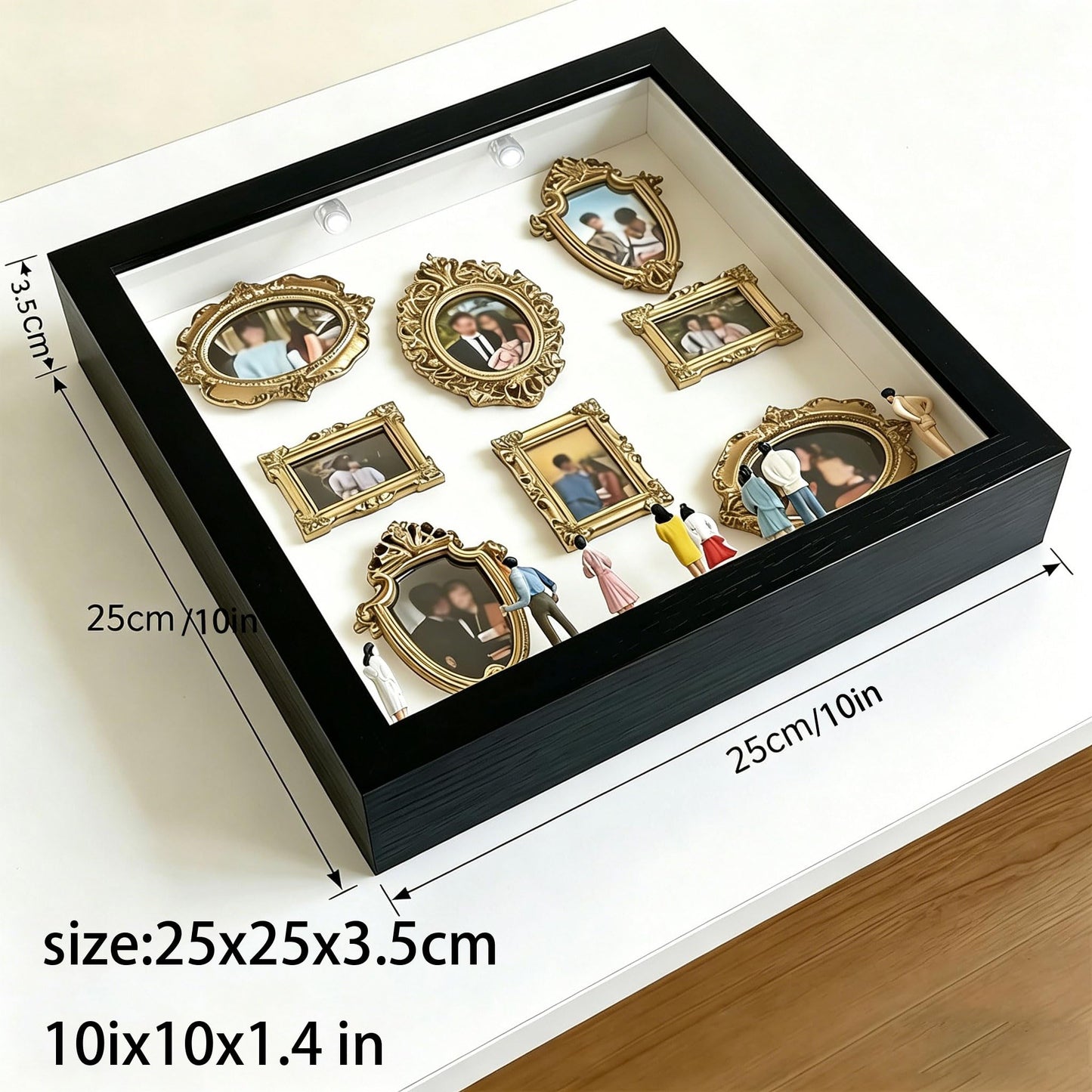 Mini Museum Silhouette Shadow Box Frame, DIY Memory Display Photo Craft Kit with LED String Lights, Mini Gold Frames & Figurines, Keepsake Box for Wedding Anniversary Family Milestone Gift (White)