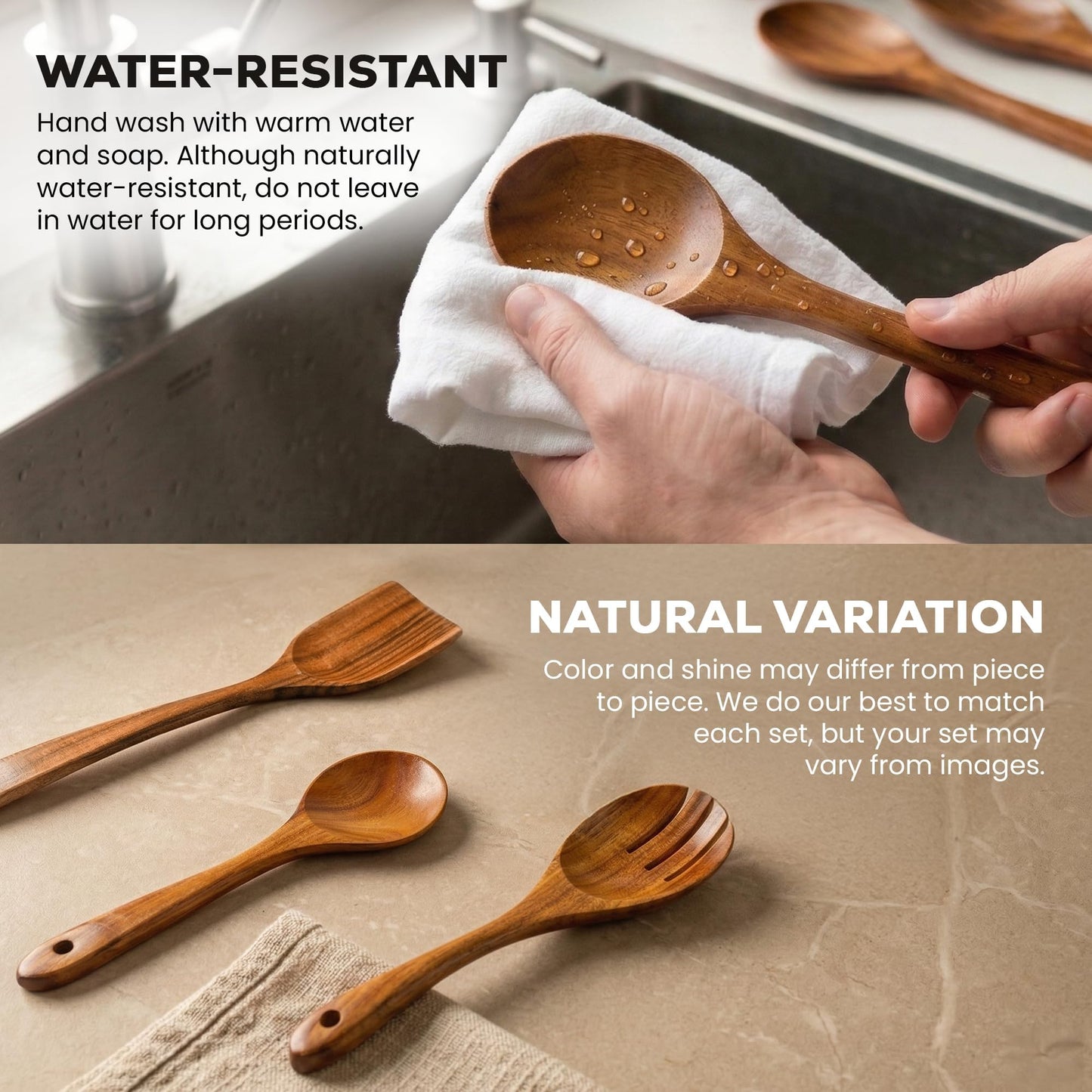 Zulay Kitchen 6 Piece Wooden Spoons for Cooking – Natural Teak Wooden Utensil Set, Easy to Clean, Durable, Smooth with Comfort Grip - Non Toxic Wooden Cooking Utensil Sets