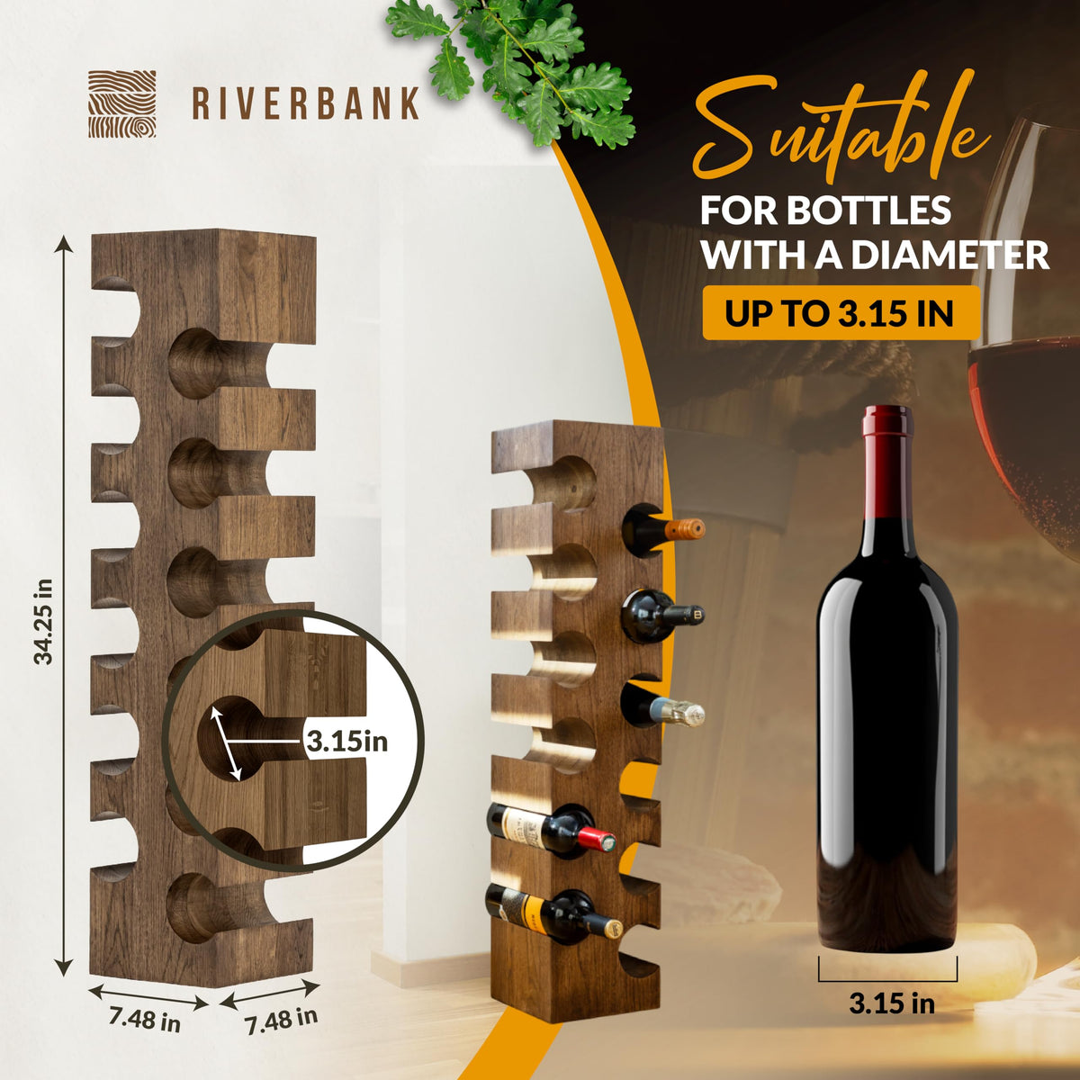 Riverbank Dark Oak Wine Rack, Elegant Free Standing 12-Bottle Holder, Made of Solid Wood, Wooden Wine Stand, Stylish & Luxurious Home Décor (Dark Oak, 12-Bottles)