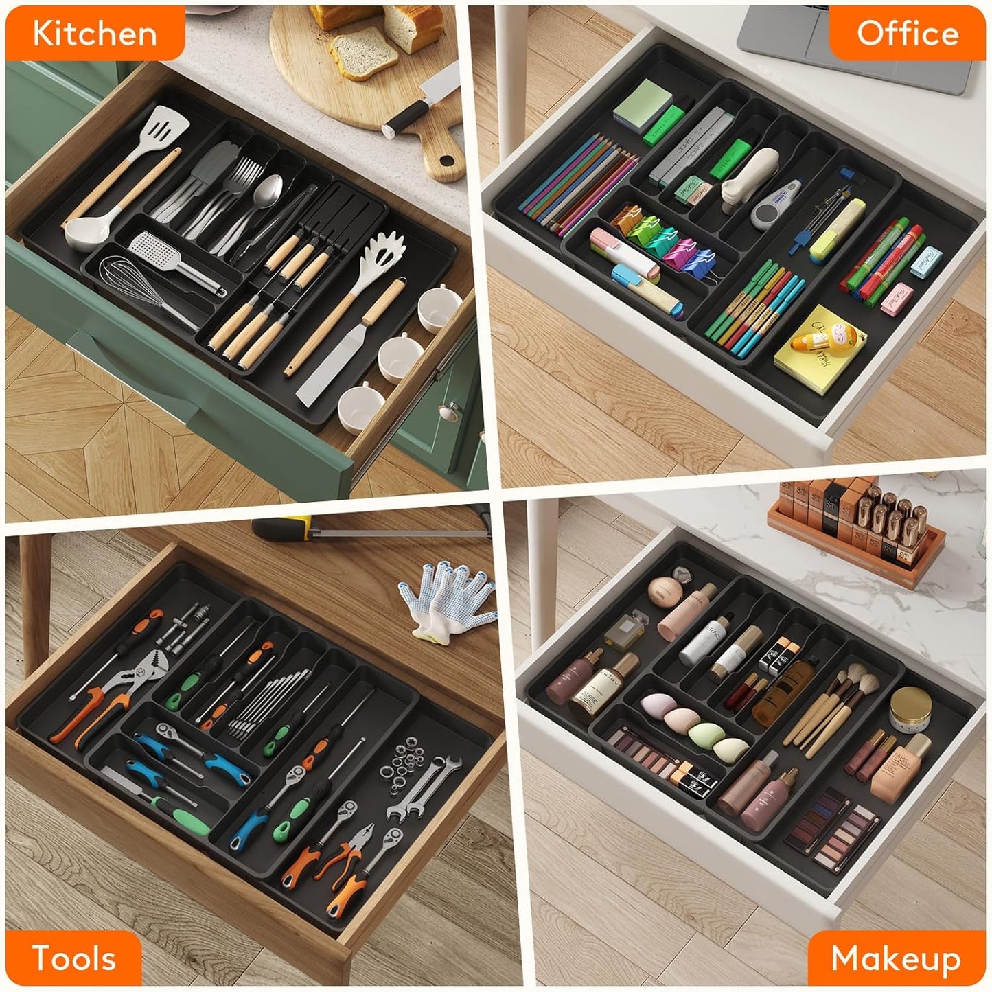 Lifewit Silverware Organizer for Kitchen Drawers, Expandable Utensil Tray with Removable Knife Block