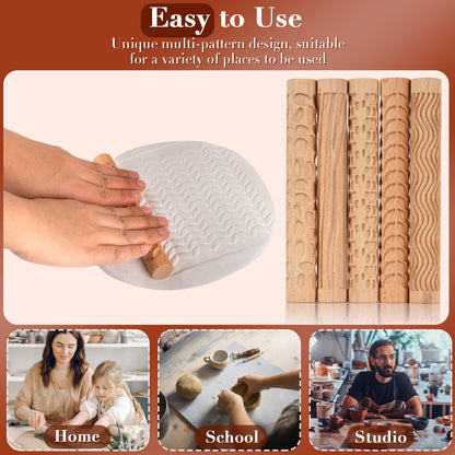 Lzttyee Set of 5 Wooden Handle Pottery Tools Clay Modeling Pattern Rollers Kit Brown (Set of 5)