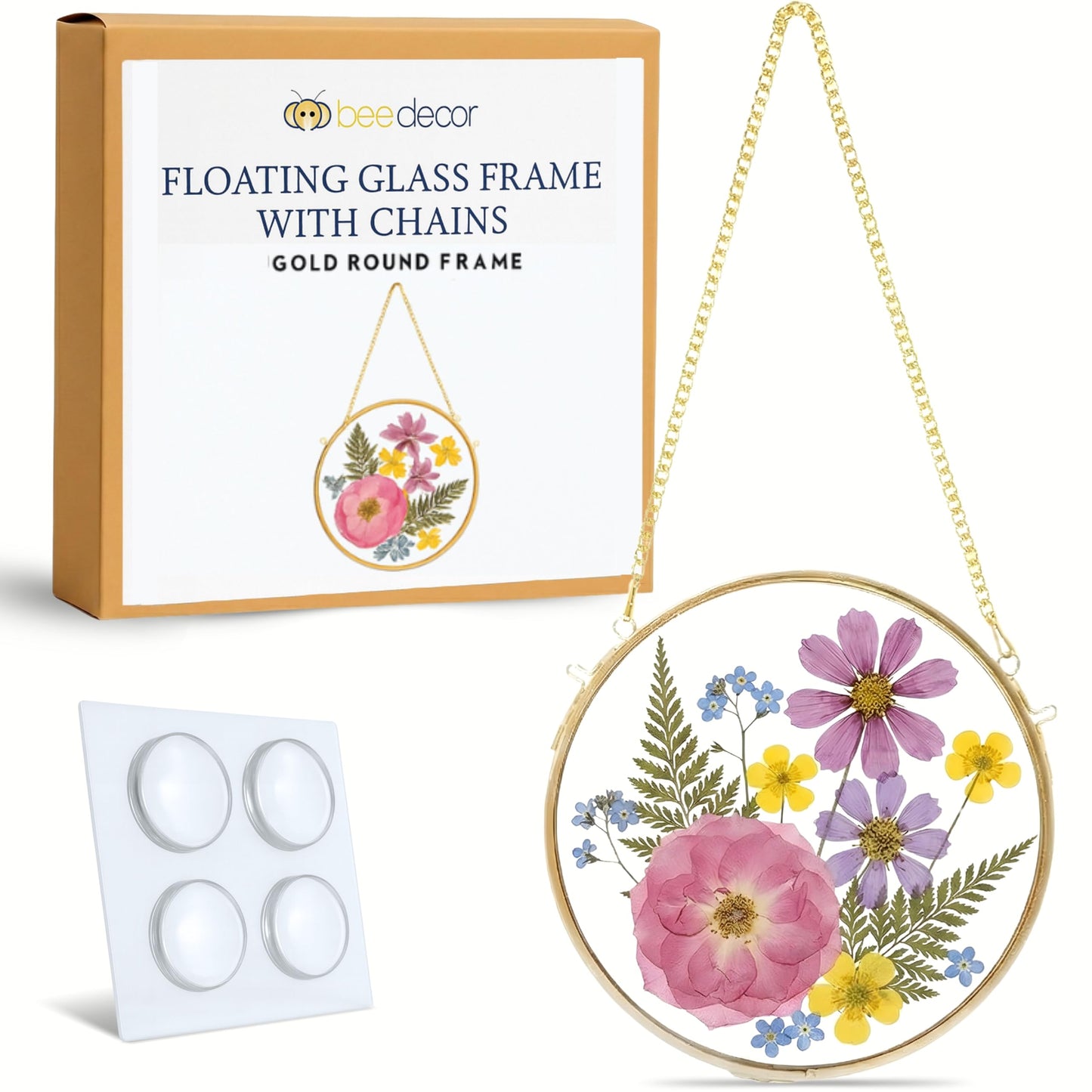 Beedecor Round Pressed Flower Glass Frame with Hanging Chain – Real Dried Flowers Arranged in Crescent Shape | Double Glass Floating Frame Wall Décor | Boho Home & Gift Decoration