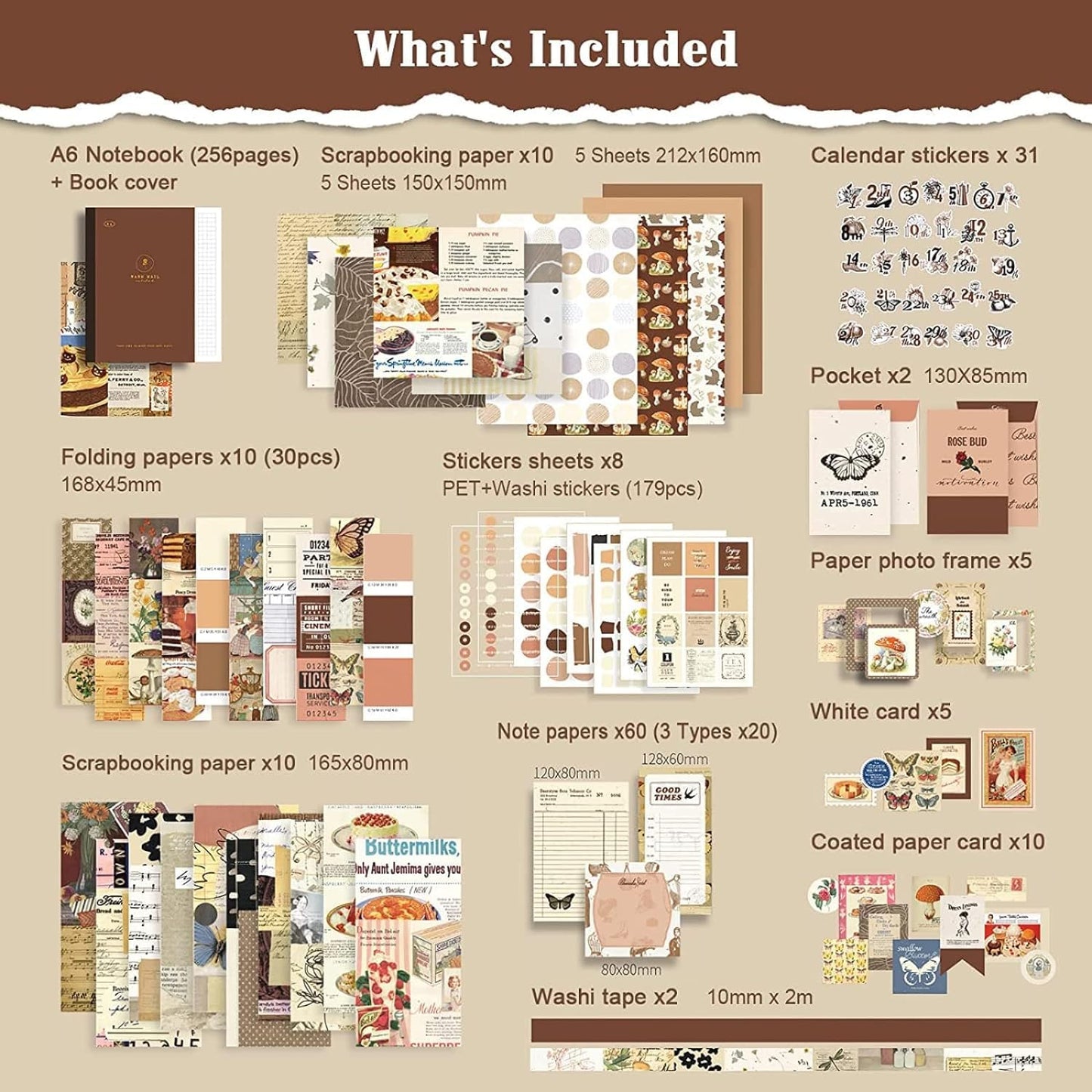 VIBE VISTA Vintage Aesthetic Scrapbook Kit, 346 Pcs, A6 Grid Notebook, Washi, Envelopes, Scrapbook Papers, Folding Labels, Background Papers, Photo Frames, Calendar Stickers, Stickers (Vintage)