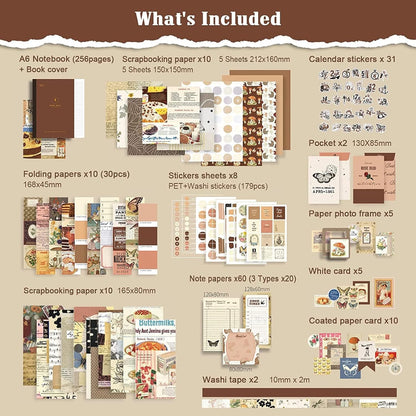 VIBE VISTA Vintage Aesthetic Scrapbook Kit, 346 Pcs, A6 Grid Notebook, Washi, Envelopes, Scrapbook Papers, Folding Labels, Background Papers, Photo Frames, Calendar Stickers, Stickers (Vintage)