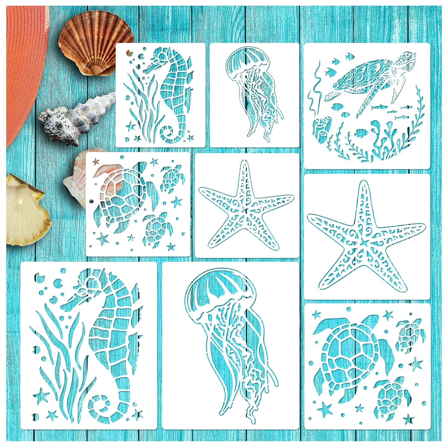 Ocean Stencils for Painting On Wood Turtle Seahorse Starfish Jellyfish Templates for Art Crafts Plastic Reusable Wood Burning Stencils for Wall Canvas (Sea)