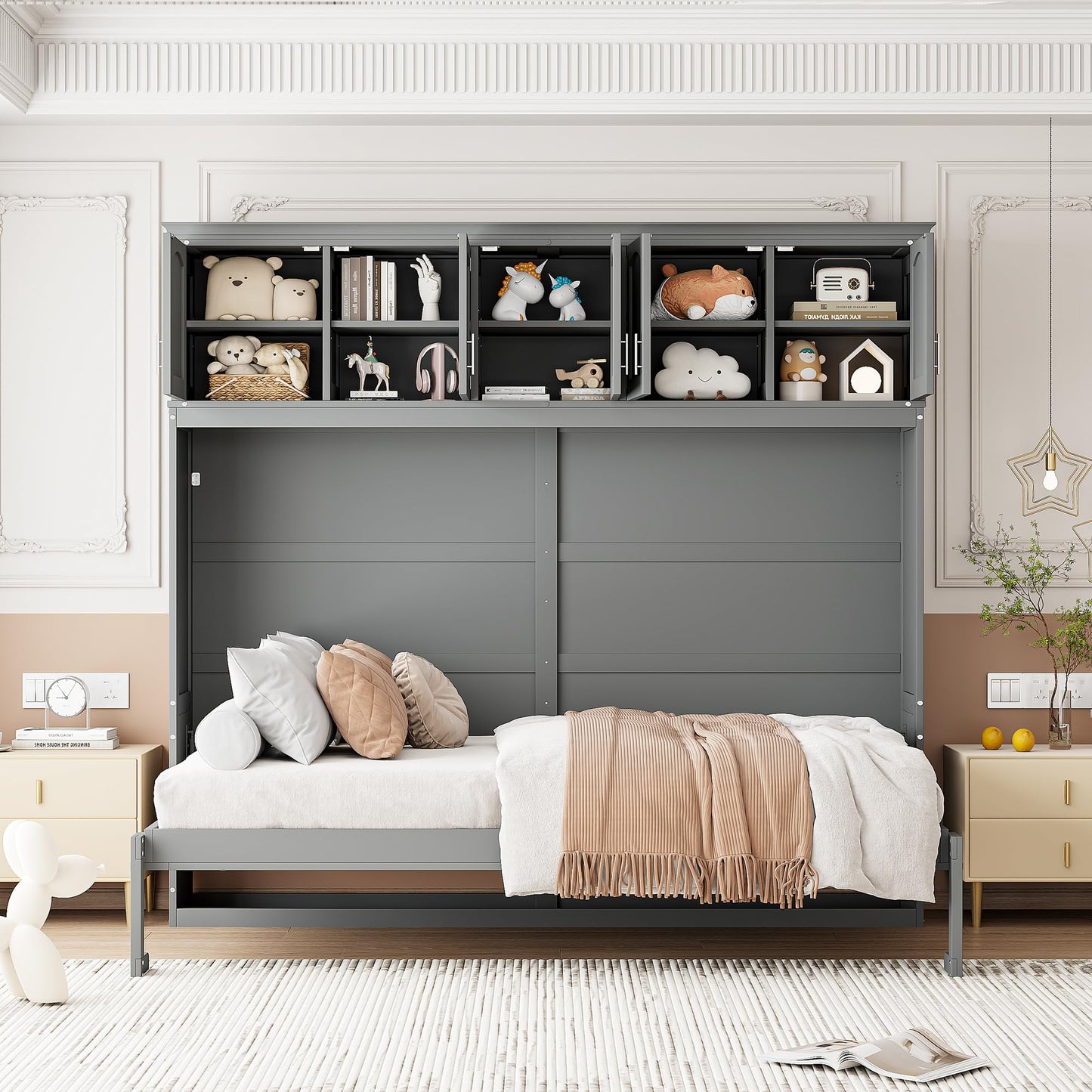 Ball & Cast Queen Size Murphy Bed Wall Cabinet Bedframe,can be Folded,Hideaway Chest with Top Storage Lockers,Wood Platform Furniture for Guest Room,Study,Office,Gray