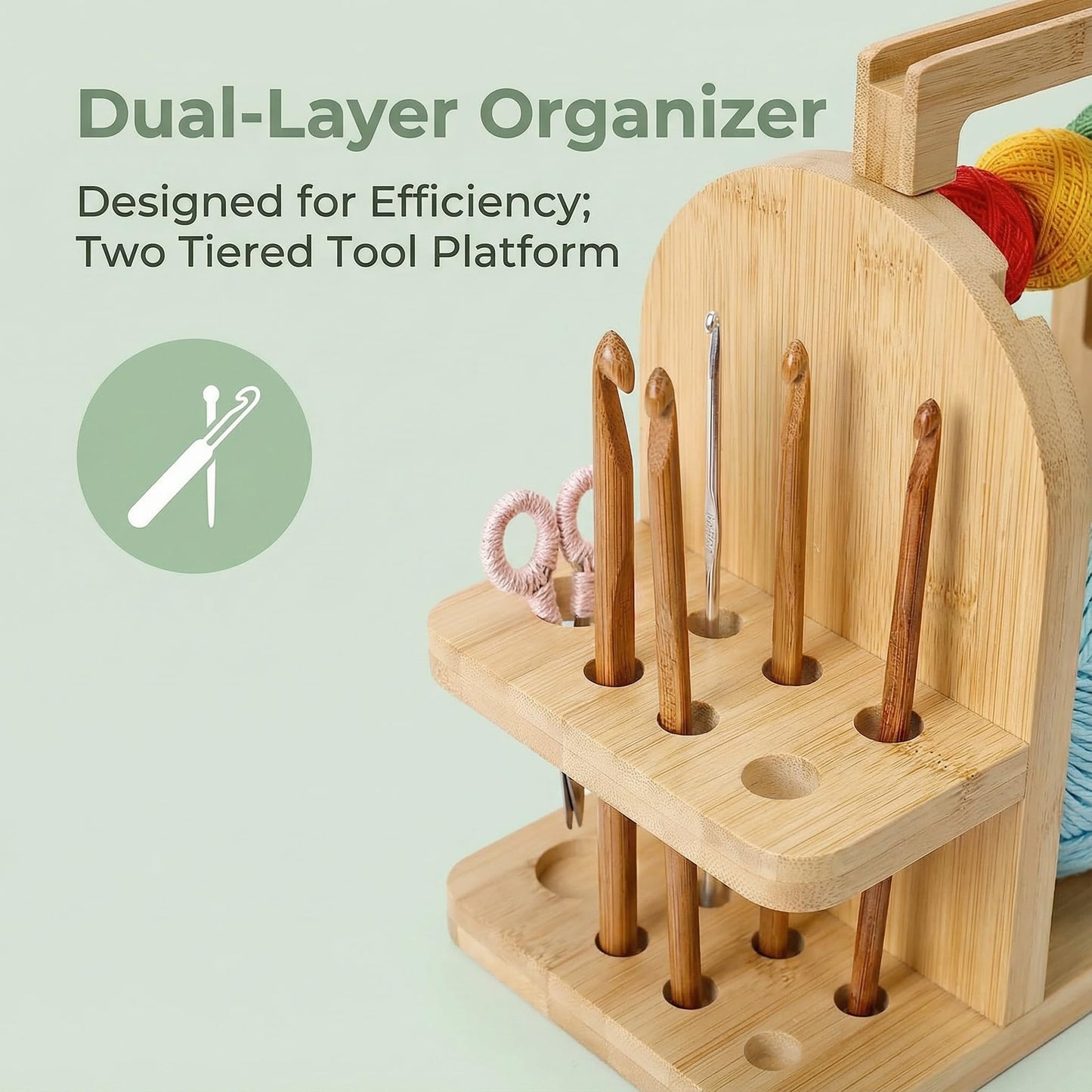 Wooden Yarn Holder with Phone Stand & Handy Tool Slot – Portable Yarn Spinner and Detachable Organizer Box for Crocheting, Knitting Projects and Yarn Storage