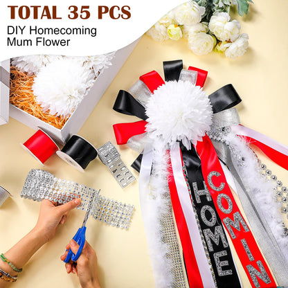 Thiccywoov Homecoming Mum Supplies Set 7'' Artificial Flower Paper Disc Backer Ribbon Home Coming Mum DIY Craft Kit for Homecoming Week Dancing Party King Queen Gift Decor (Red,Warm Style)