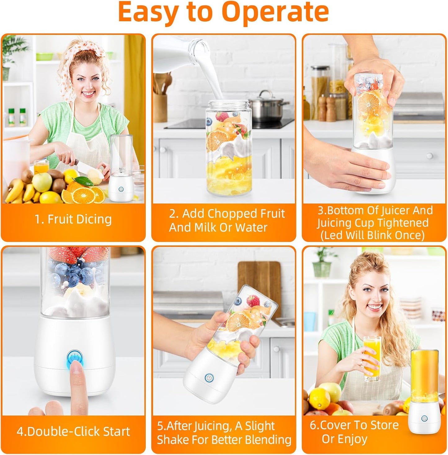 Portable Mini Blender, Personal Blender for Shakes and Smoothies, USB Rechargeable 15 OZ Mini Fruit Juice Mixer