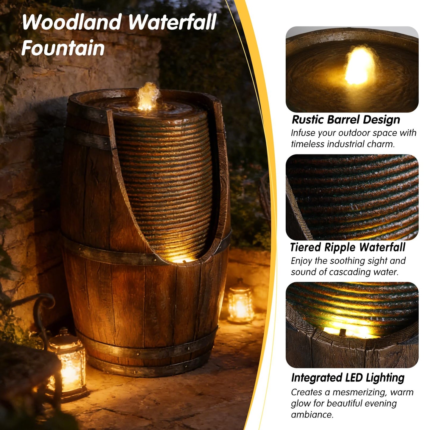 mdj pottery 24.8" Tall Outdoor Water Fountain, Rustic Barrel Style Cascading Resin Waterfall with Warm LED Lights, Weather-Resistant Patio Fountain for Patio Yard Porch - Brown Gray