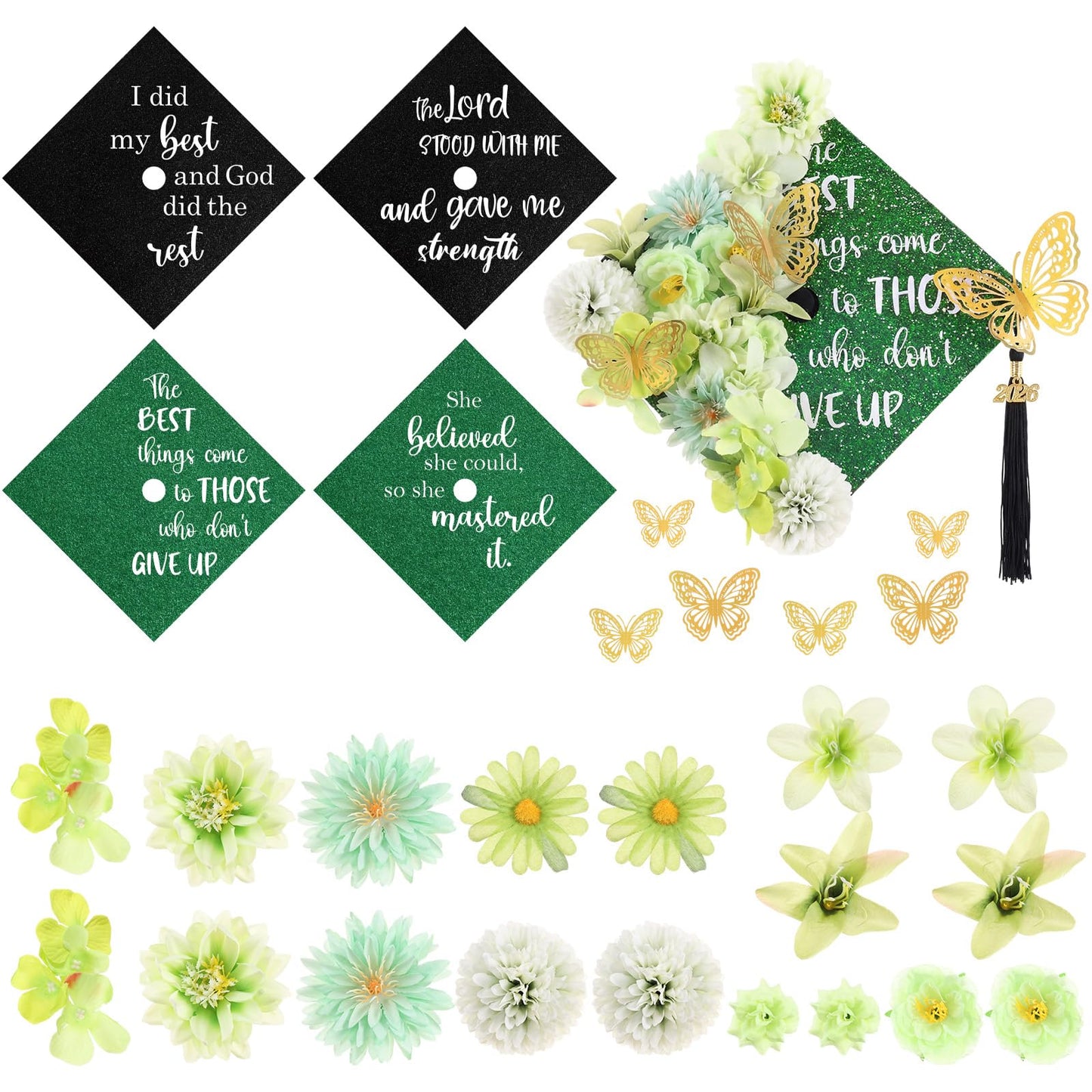 Dunzoom 34 Pcs DIY Graduation Cap Decorations Accessory Kit Artificial Flowers Inspirational Cardstock 3D Butterfly Stickers for DIY Hat Grad Cap Topper Graduation Party Supplies(Green)