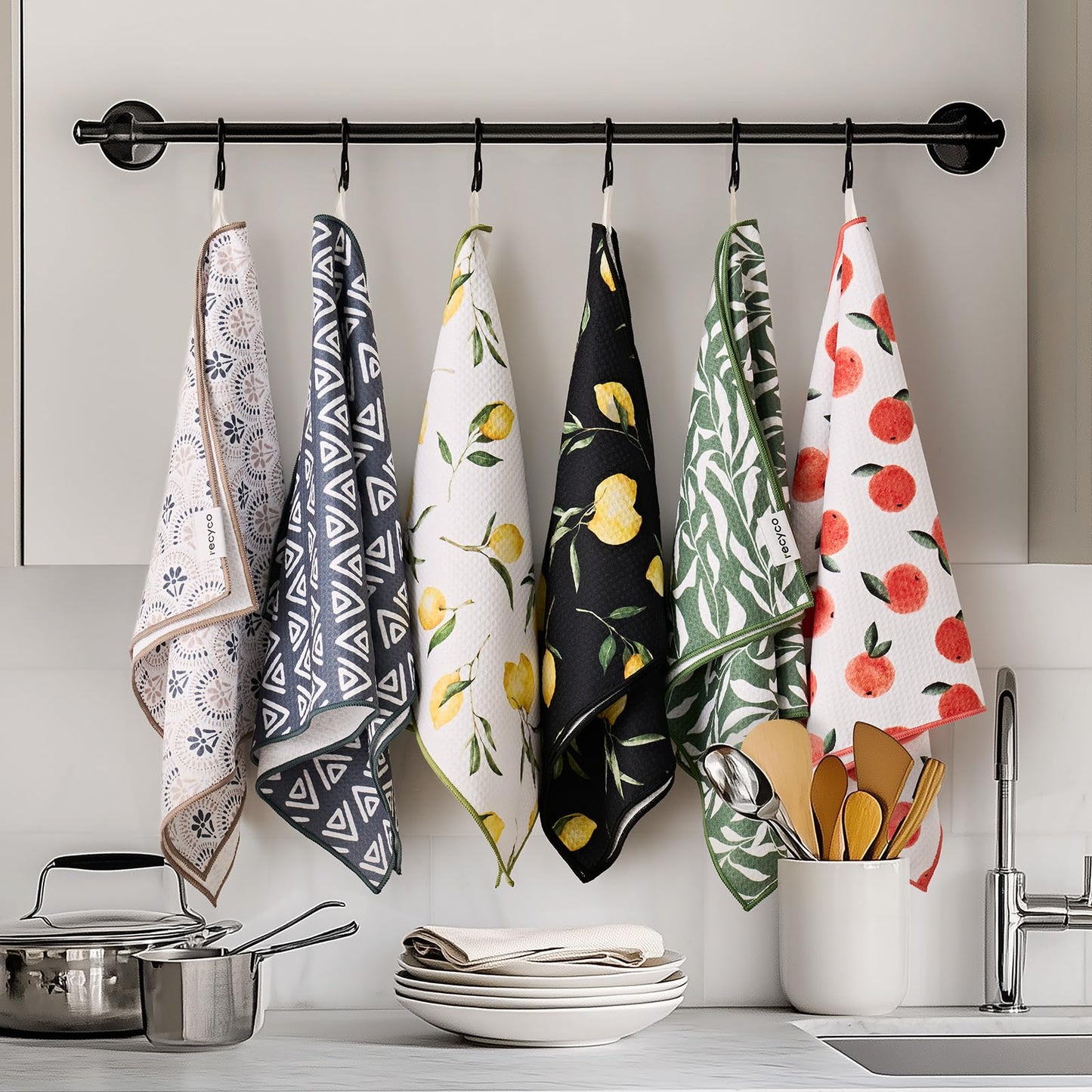 RECYCO Waffle Kitchen Towel Set of 2 - Quick Dry Microfiber Sustainable Dish Towels - Ultra Absorbent Reusable Cleaning Tea Towels - Lightweight Hand Towels,16”x 28”, Peachy Leaves