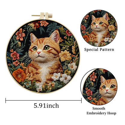 LB Orange Cat Embroidery Kit for Beginners Adults, 3 Sets Hand Embroidery Starter Kit with Floral Pattern and Instructions Stamped Cross Stitch Kits Include Embroidery Hoop Needles Threads Scissors