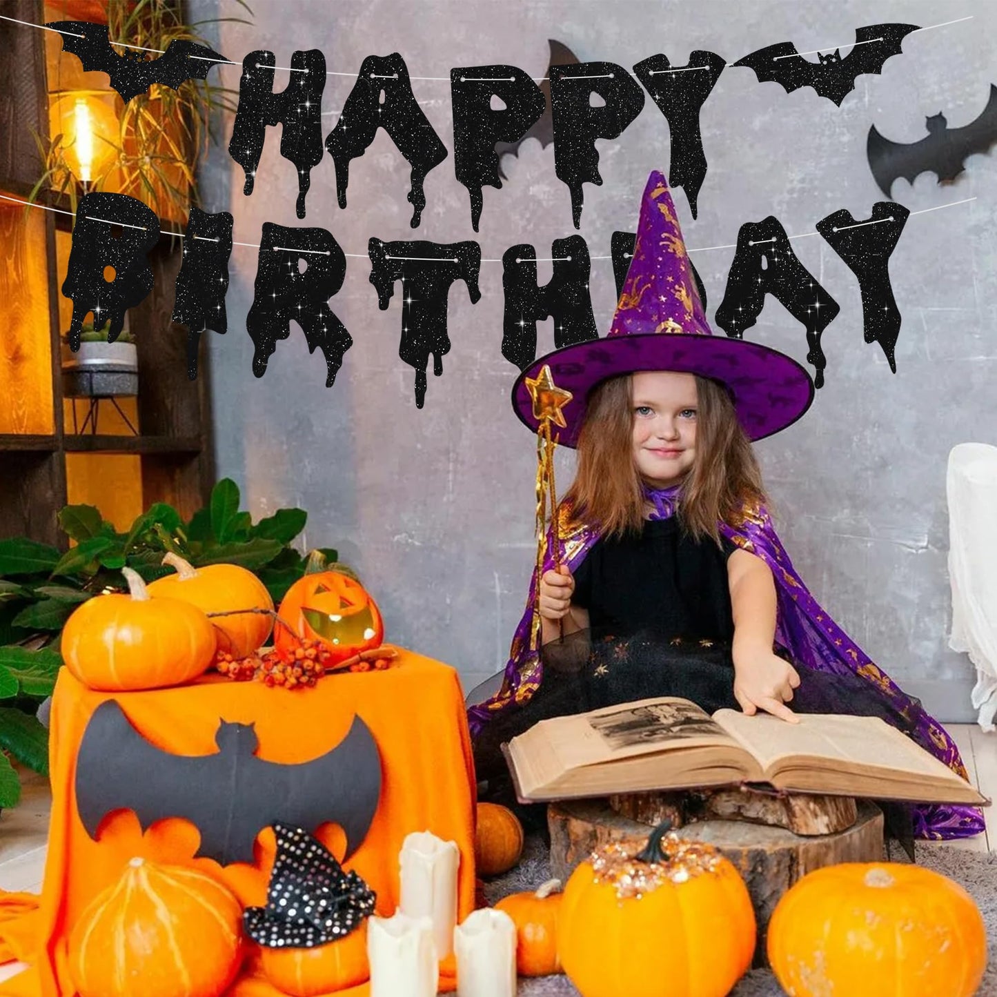 RICHHHA Glitter Black Glitter Happy Birthday Halloween Banner- NO DIY - Halloween Hanging Paper Garland Bunting Banner Decorations, Party Supplies for Kids Boy Girl Birthday