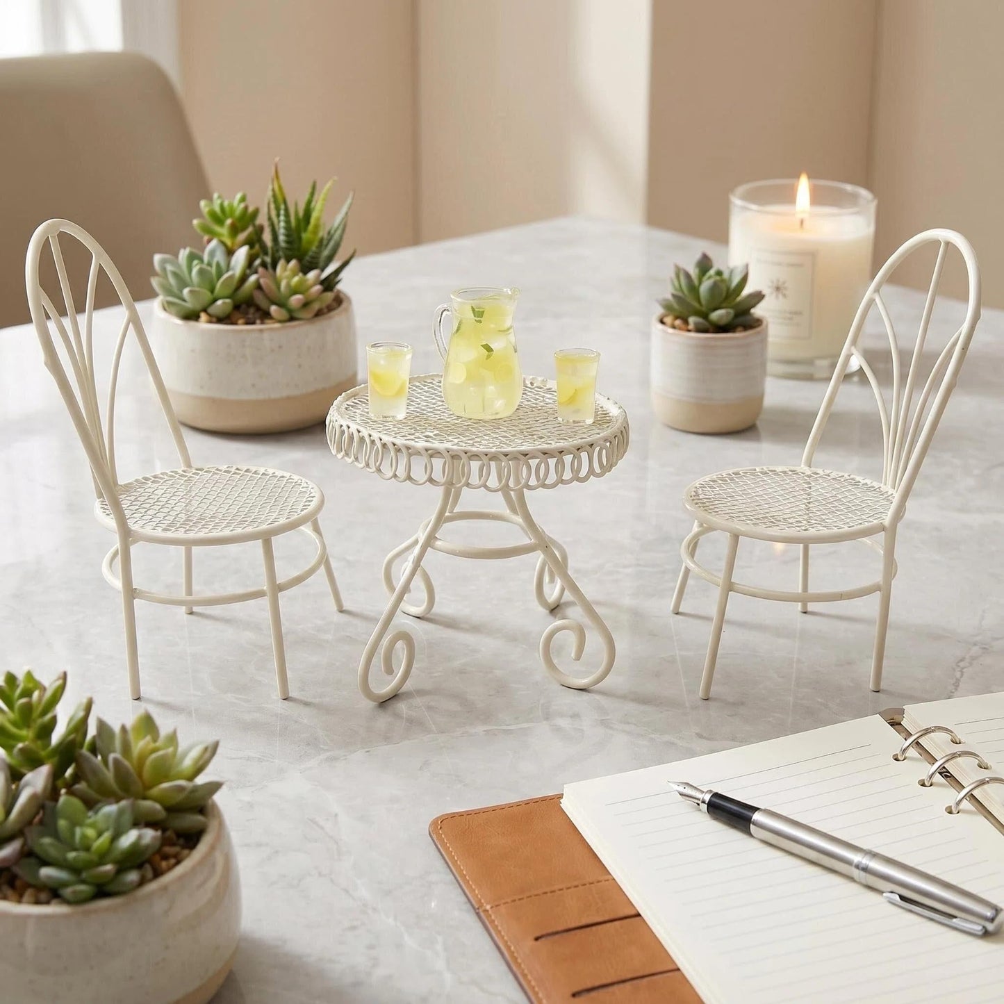 6 PCS Dollhouse Miniature Bistro Table & Chairs Set with Lemonade Pitcher and Cups 1 12 Scale Fairy Garden Kitchen Decoration Accessories