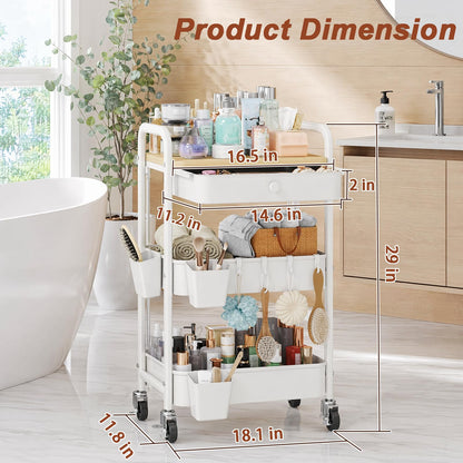 3 Tier Metal Rolling Cart with Drawers, Makeup Organizer Cart with Wheels for Skin Care/Lash/Hair Product/Perfume, Esthetician Pedicure Carts for Nail Techs, Vanity, Bathroom,Craft Storage Carts,White